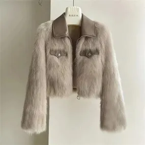 AnjelNew Short Leather Collar Design Faux Fox Fur Coat Outwear