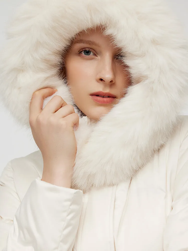 Belted Long Goose Down Coat With Detachable Faux Fur Hood