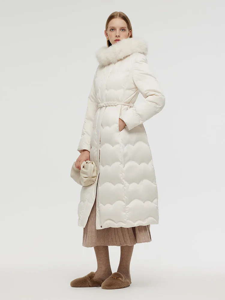Belted Long Goose Down Coat With Detachable Faux Fur Hood