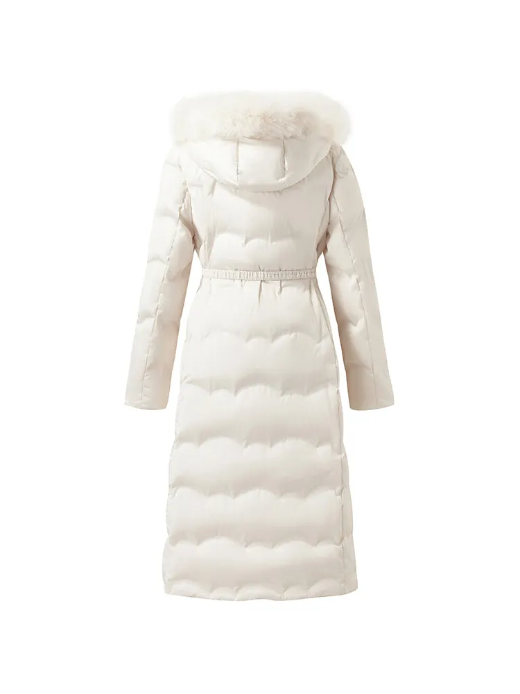 Belted Long Goose Down Coat With Detachable Faux Fur Hood