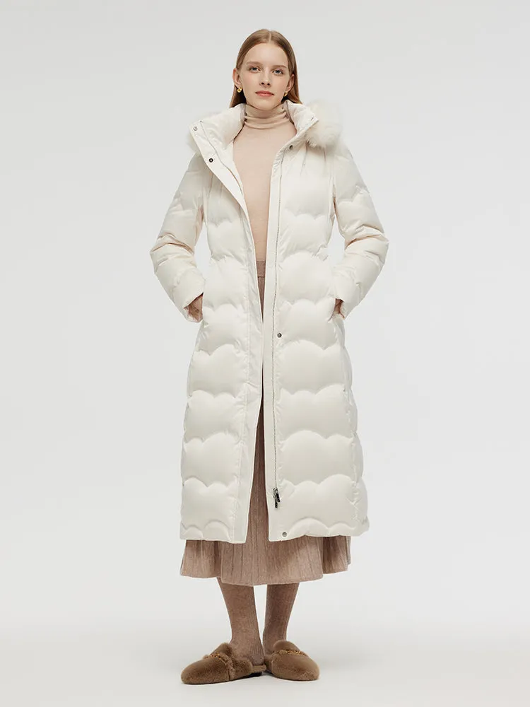 Belted Long Goose Down Coat With Detachable Faux Fur Hood