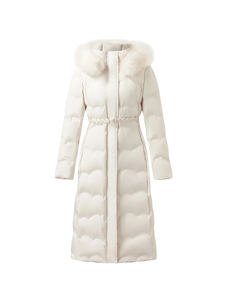 Belted Long Goose Down Coat With Detachable Faux Fur Hood