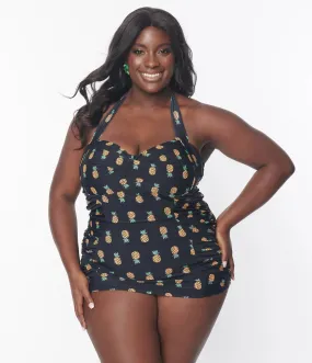 Black & Pineapple Print Corinne Sheath Swimsuit by Unique Vintage