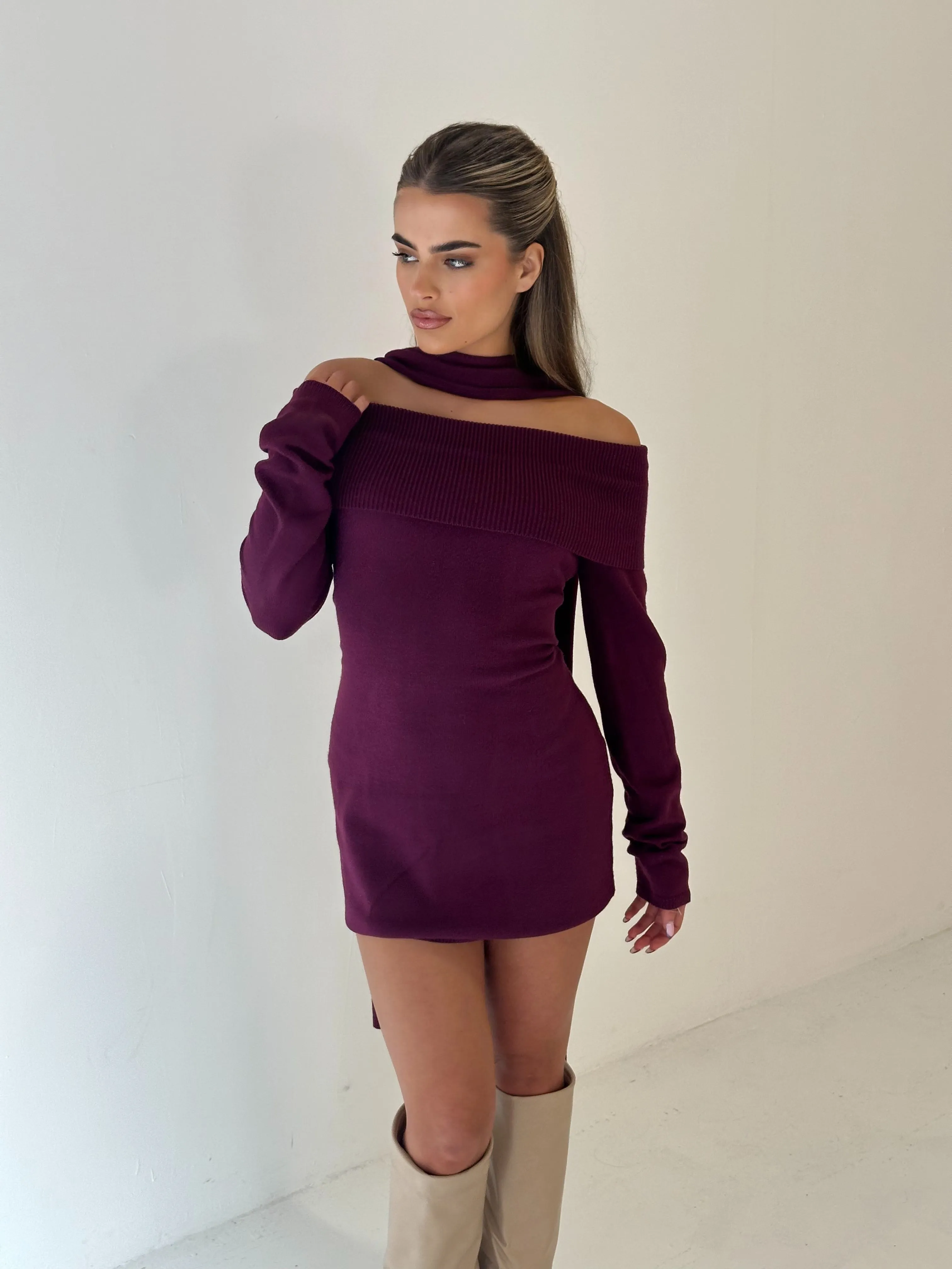 Caramella PALOMA Bardot Knit Mini Dress and Scarf set in Sugar Plum