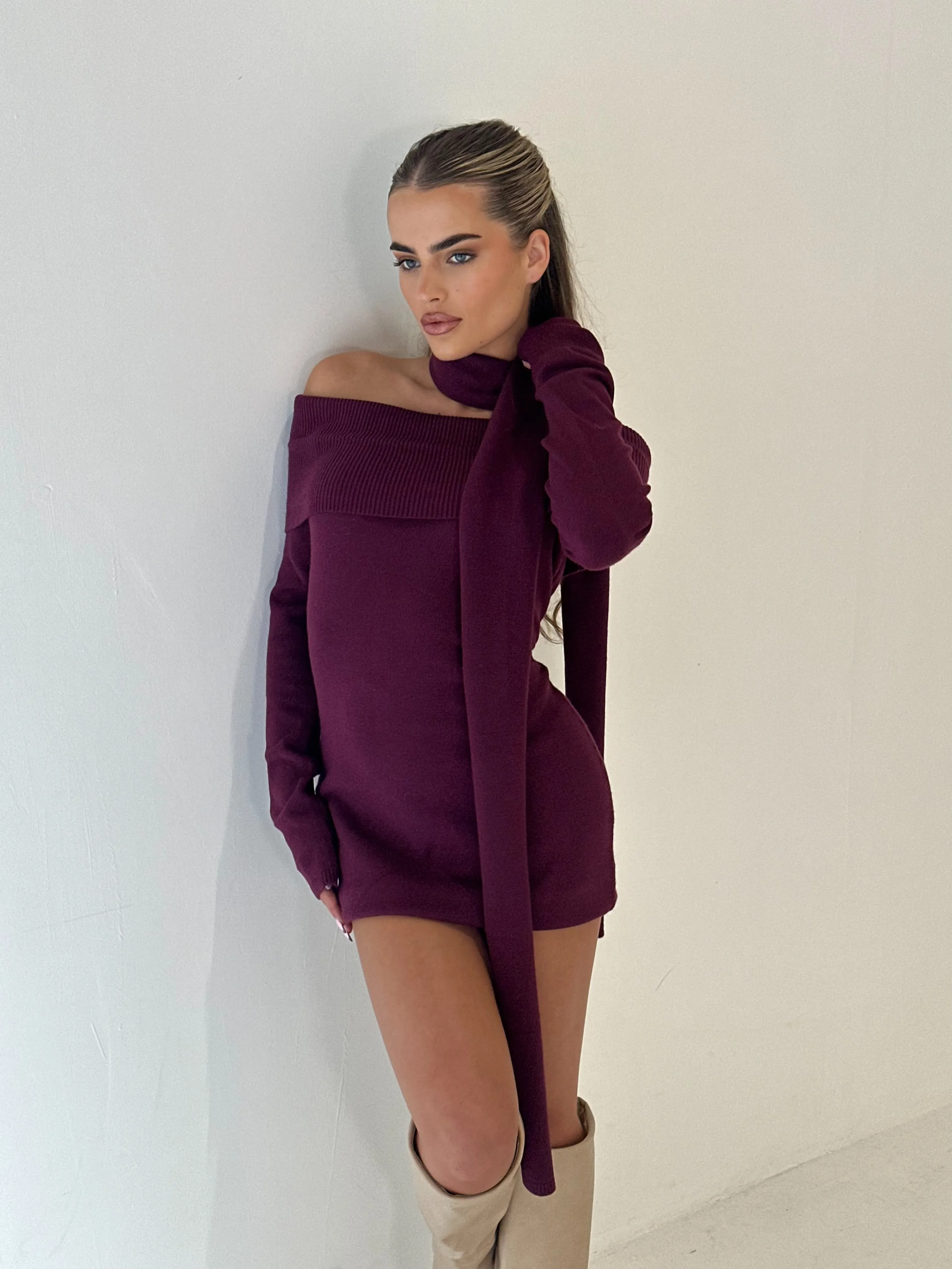 Caramella PALOMA Bardot Knit Mini Dress and Scarf set in Sugar Plum