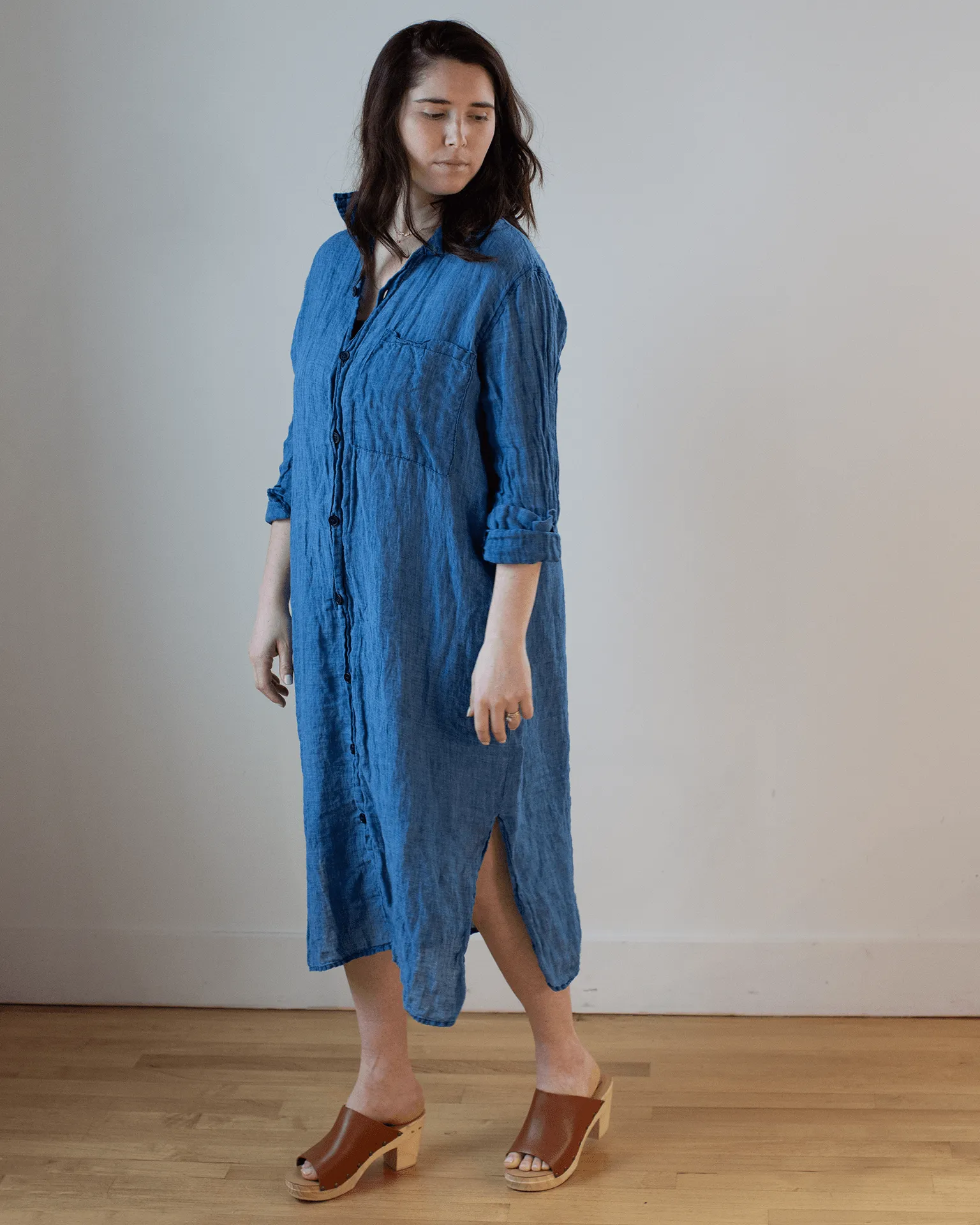 Elle Boxy Indigo Linen Shirtdress w/ Large Chest Pocket in Bleach