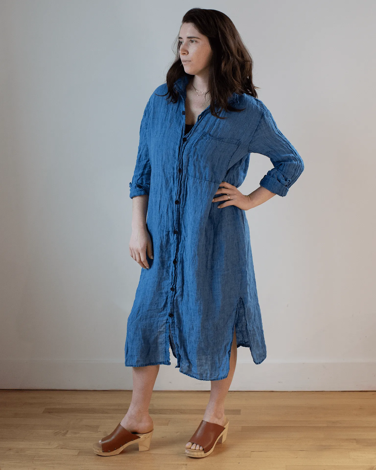 Elle Boxy Indigo Linen Shirtdress w/ Large Chest Pocket in Bleach