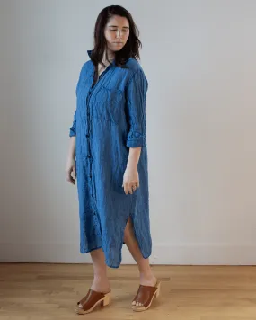 Elle Boxy Indigo Linen Shirtdress w/ Large Chest Pocket in Bleach