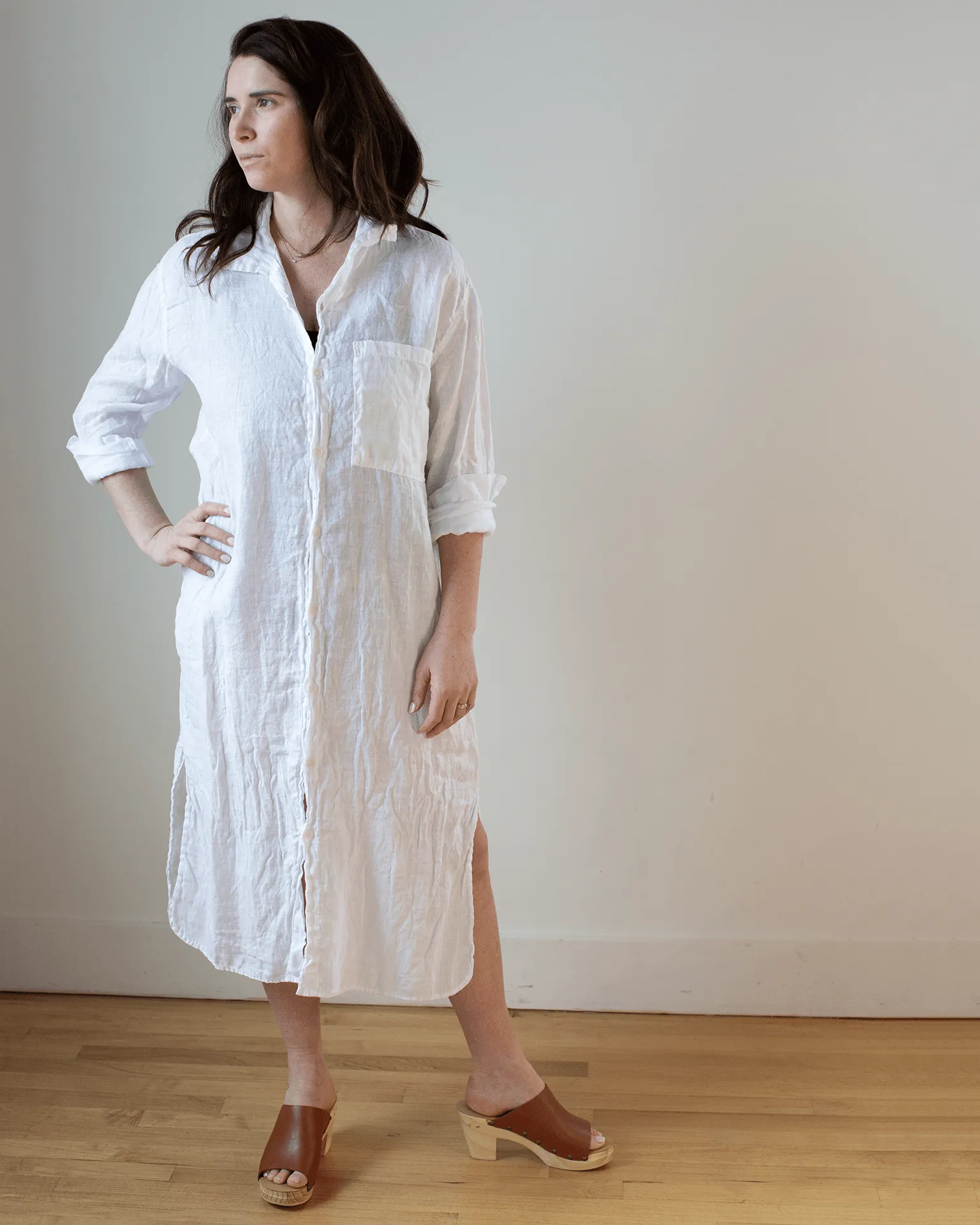 Elle Boxy Linen Shirtdress w/ Large Chest Pocket in White