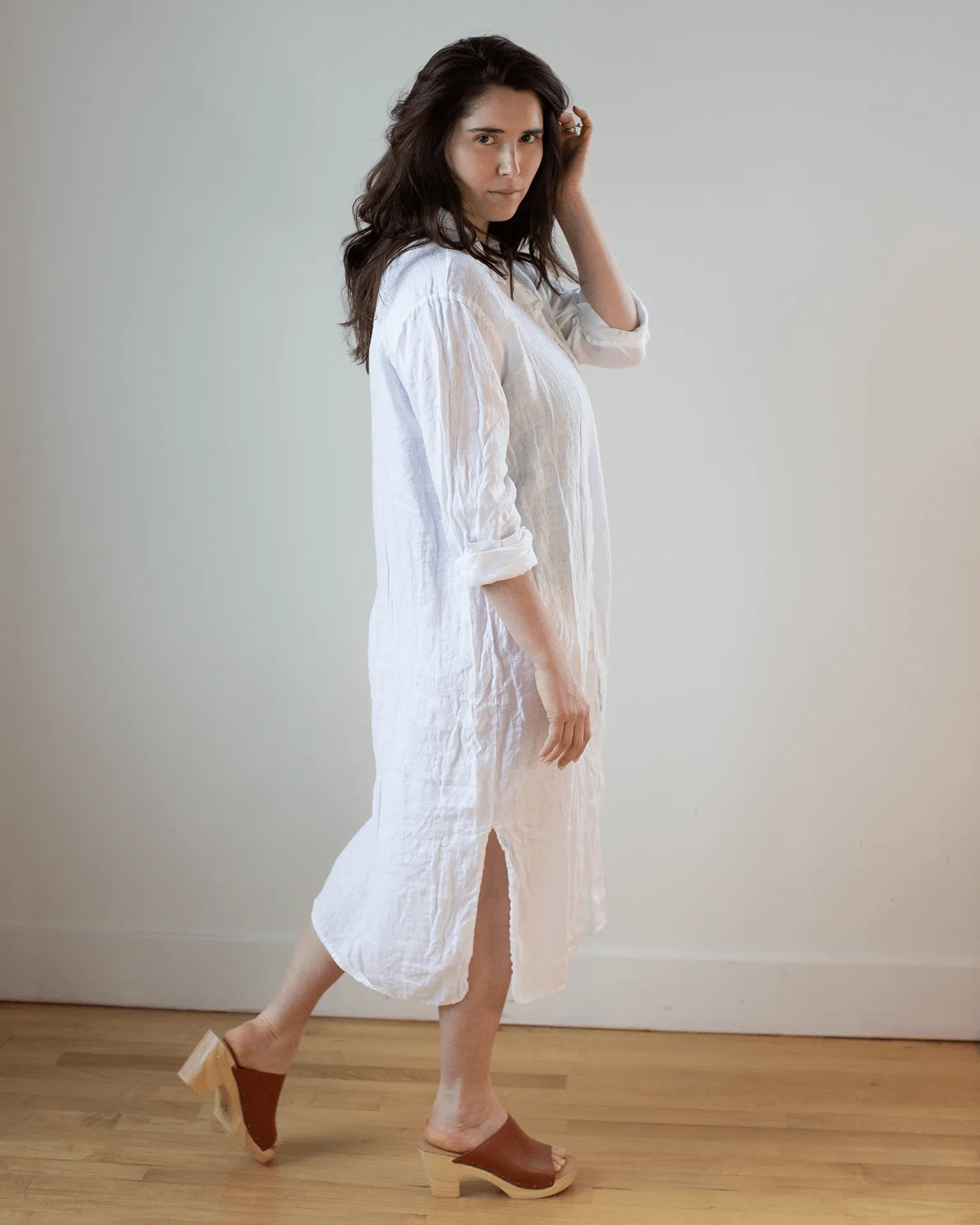 Elle Boxy Linen Shirtdress w/ Large Chest Pocket in White