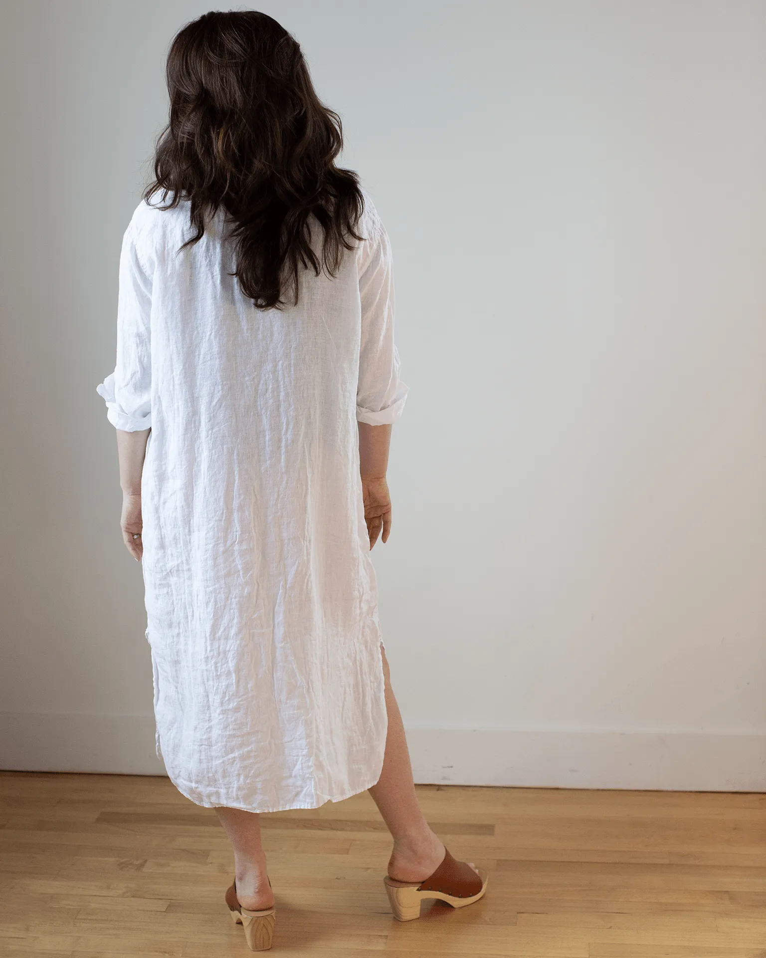 Elle Boxy Linen Shirtdress w/ Large Chest Pocket in White