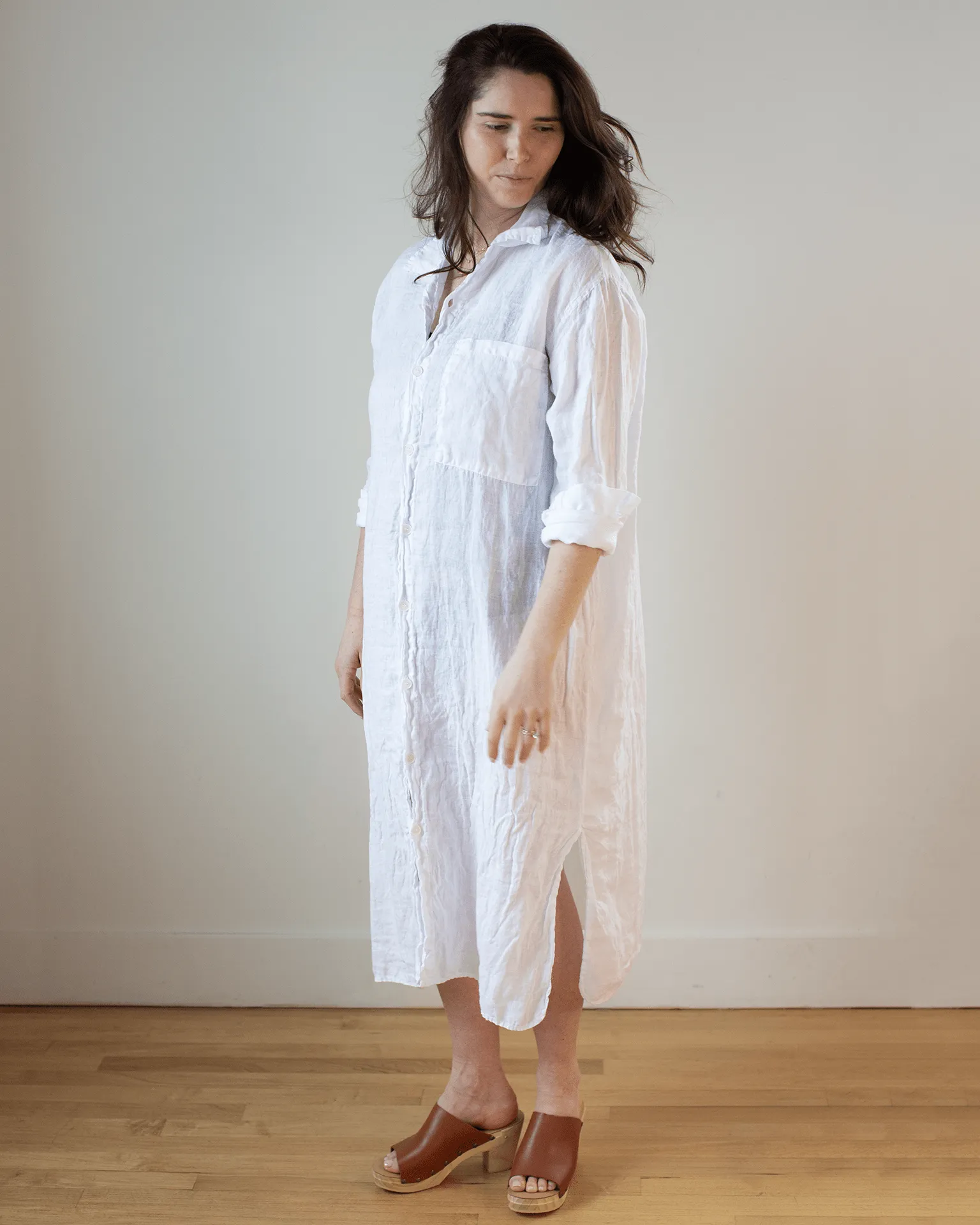 Elle Boxy Linen Shirtdress w/ Large Chest Pocket in White