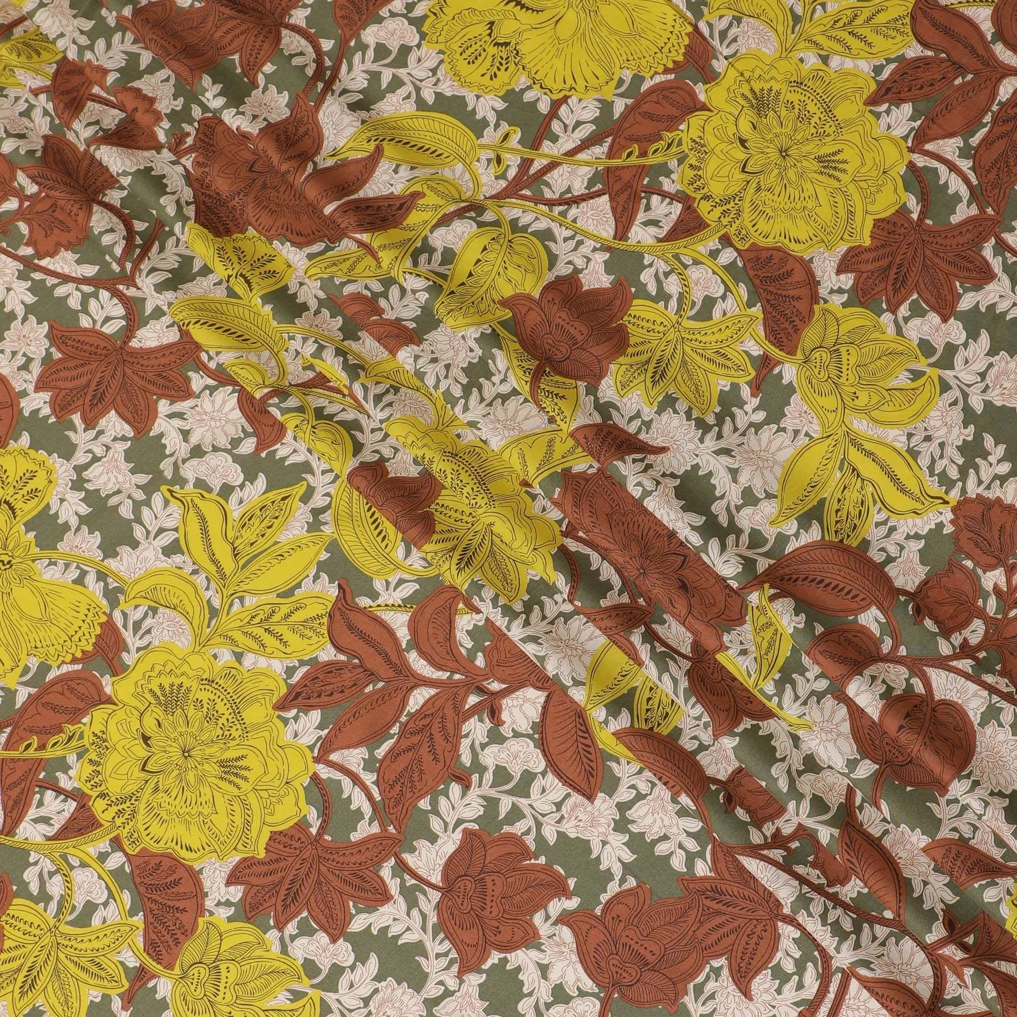 Moss green Premium Italian viscose fabric with multicolor print in floral design-D12524