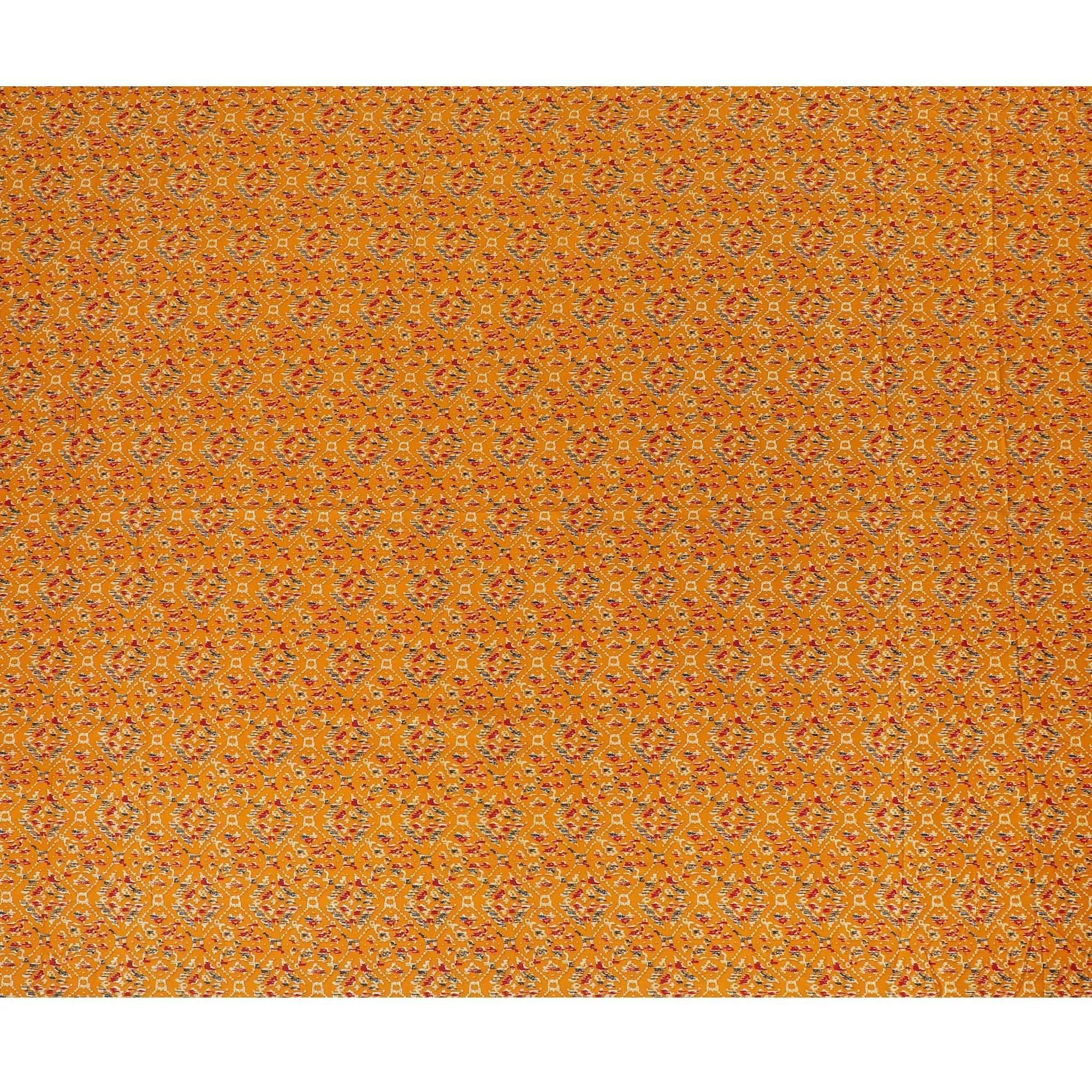 Mustard orange cotton viscose fabric with black, orange and gold print in batik design-D14195
