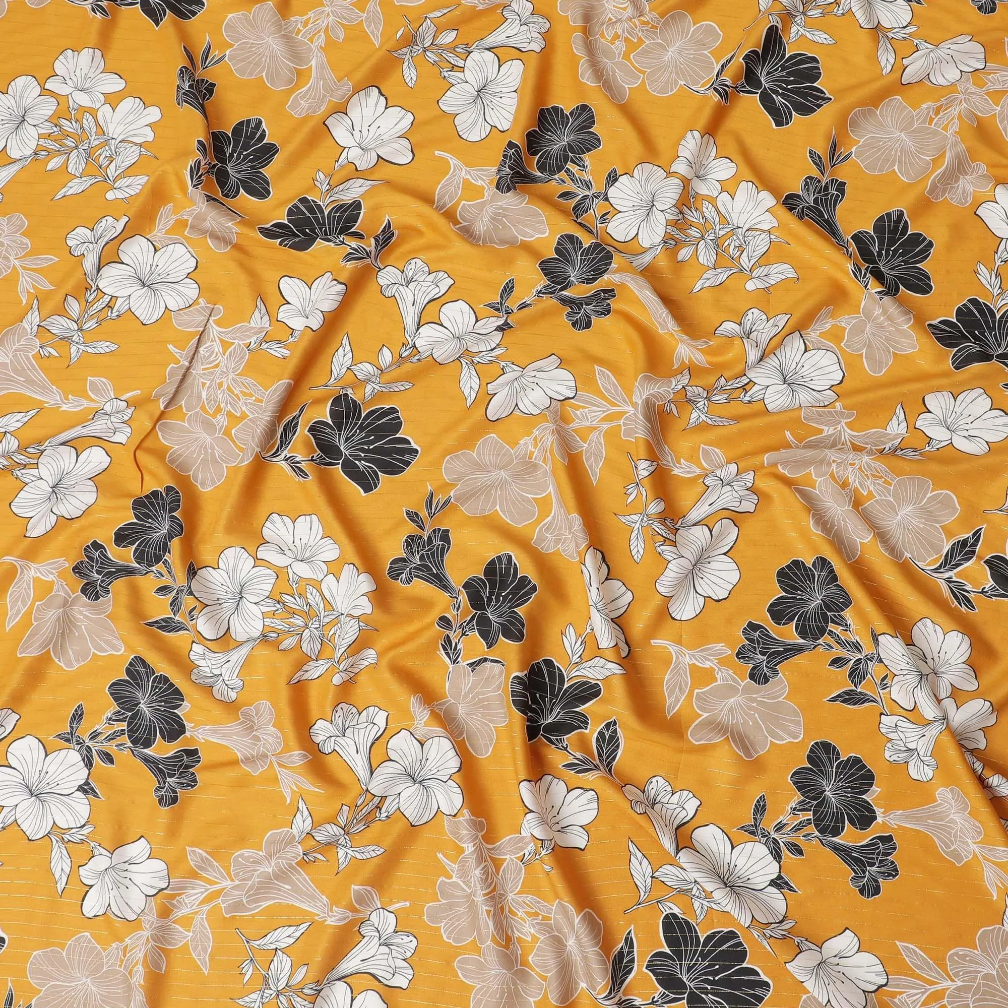Mustard viscose printed fabric with multi colour prints in floral design-D11161
