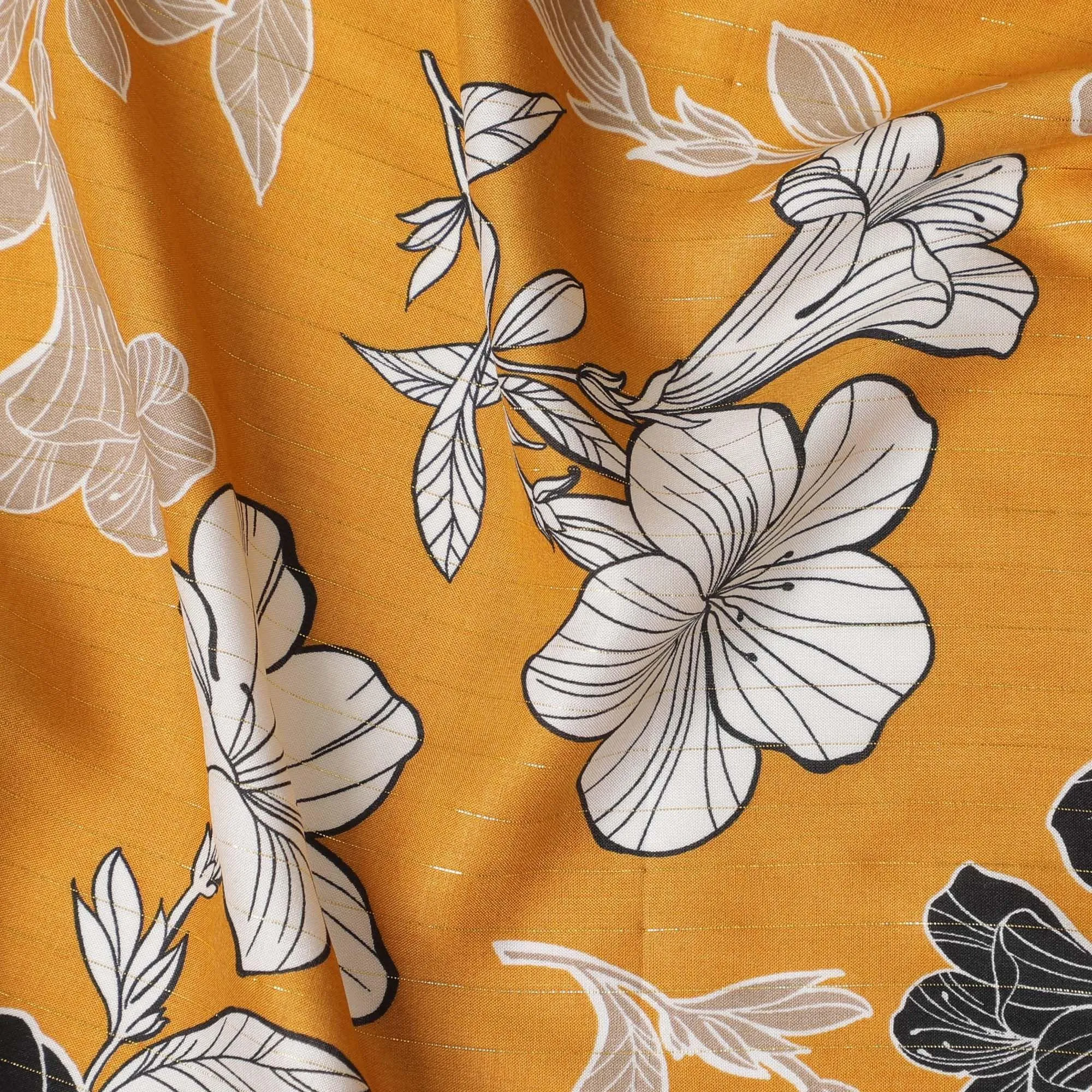 Mustard viscose printed fabric with multi colour prints in floral design-D11161