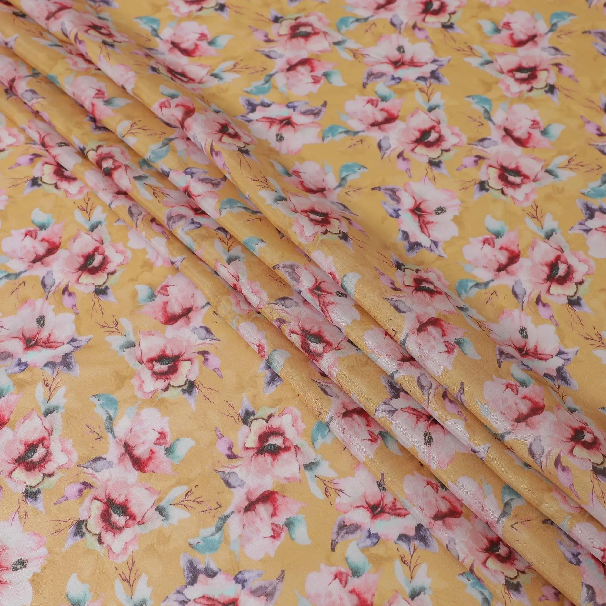 Mustard yellow blended viscose fabric with multicolor print in floral design-D13313