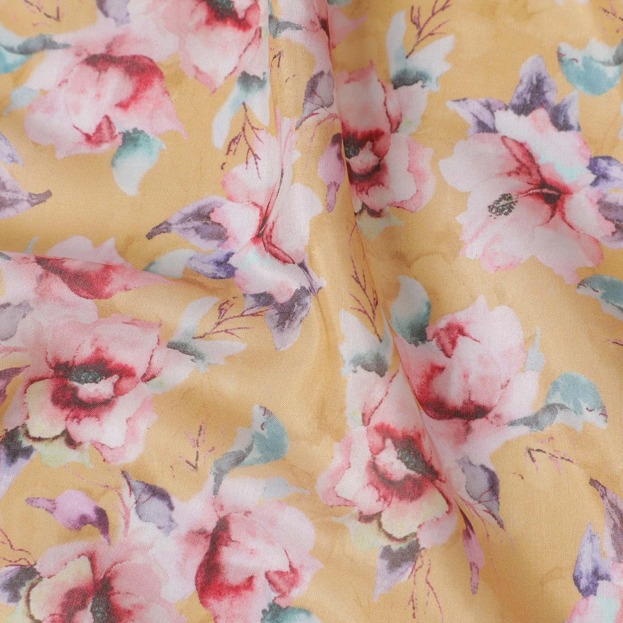 Mustard yellow blended viscose fabric with multicolor print in floral design-D13313