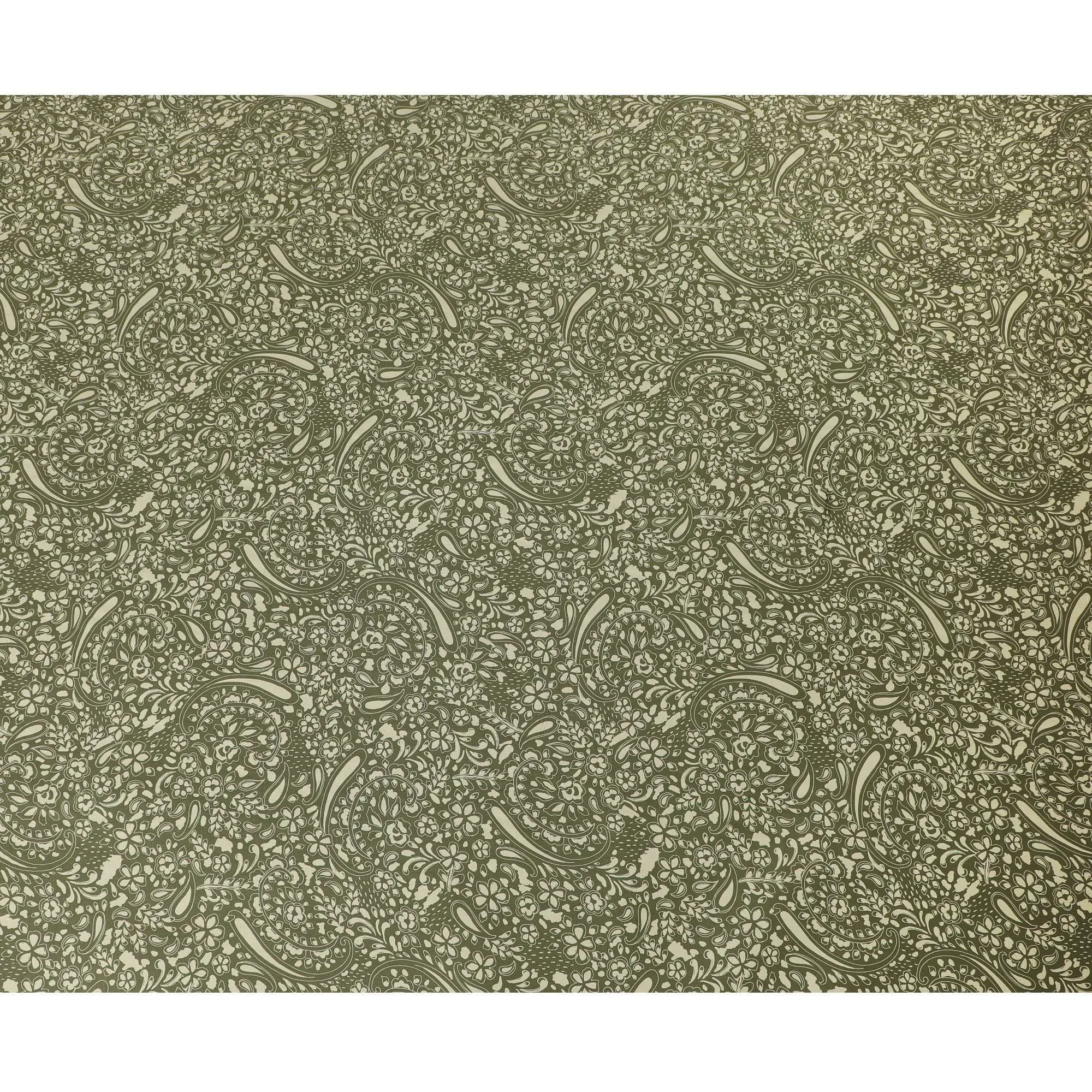 Olive green viscose twill printed fabric with light green prints in floral design-D11173