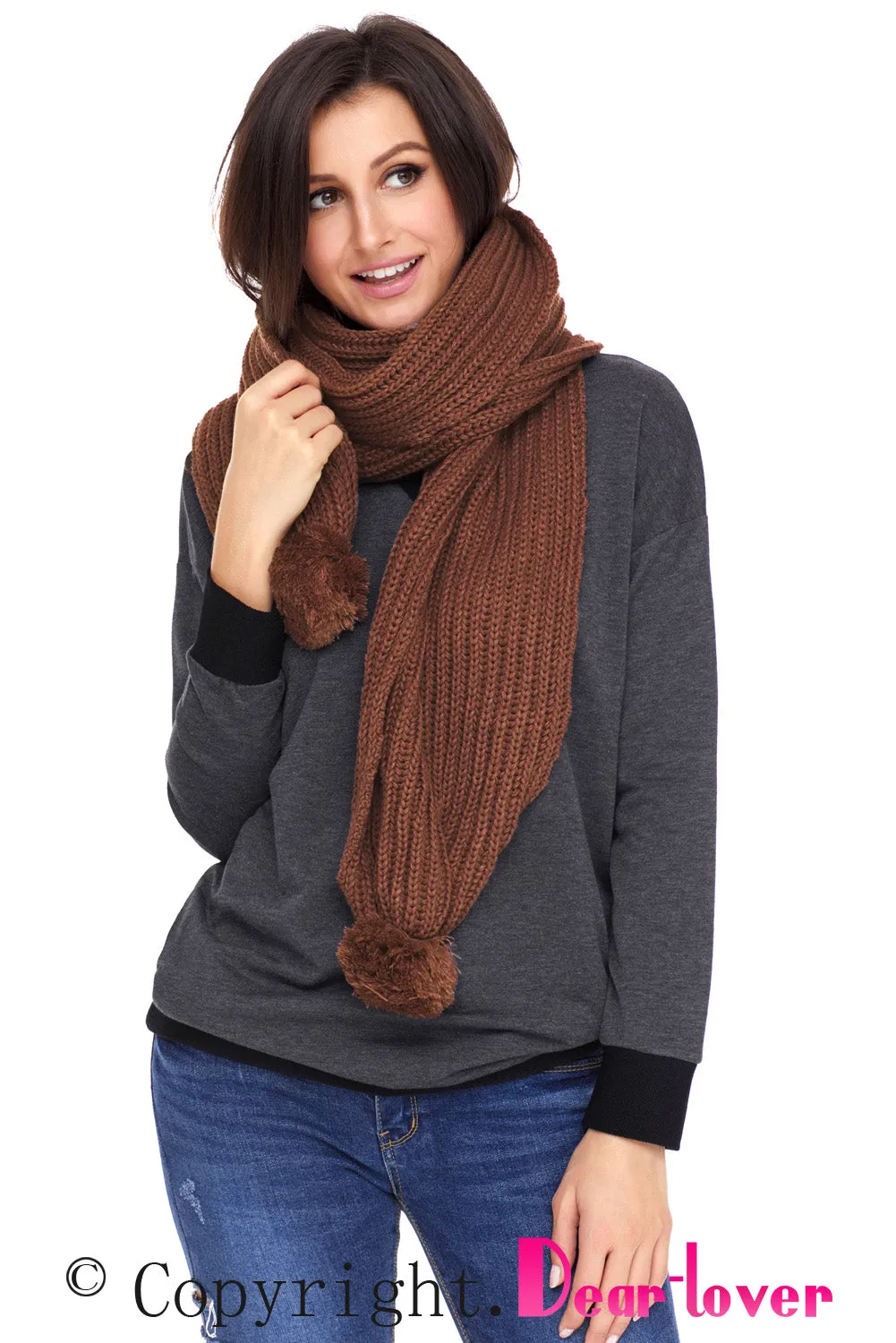 Sexy Brown Pom Pom Ribbed Knit Scarf