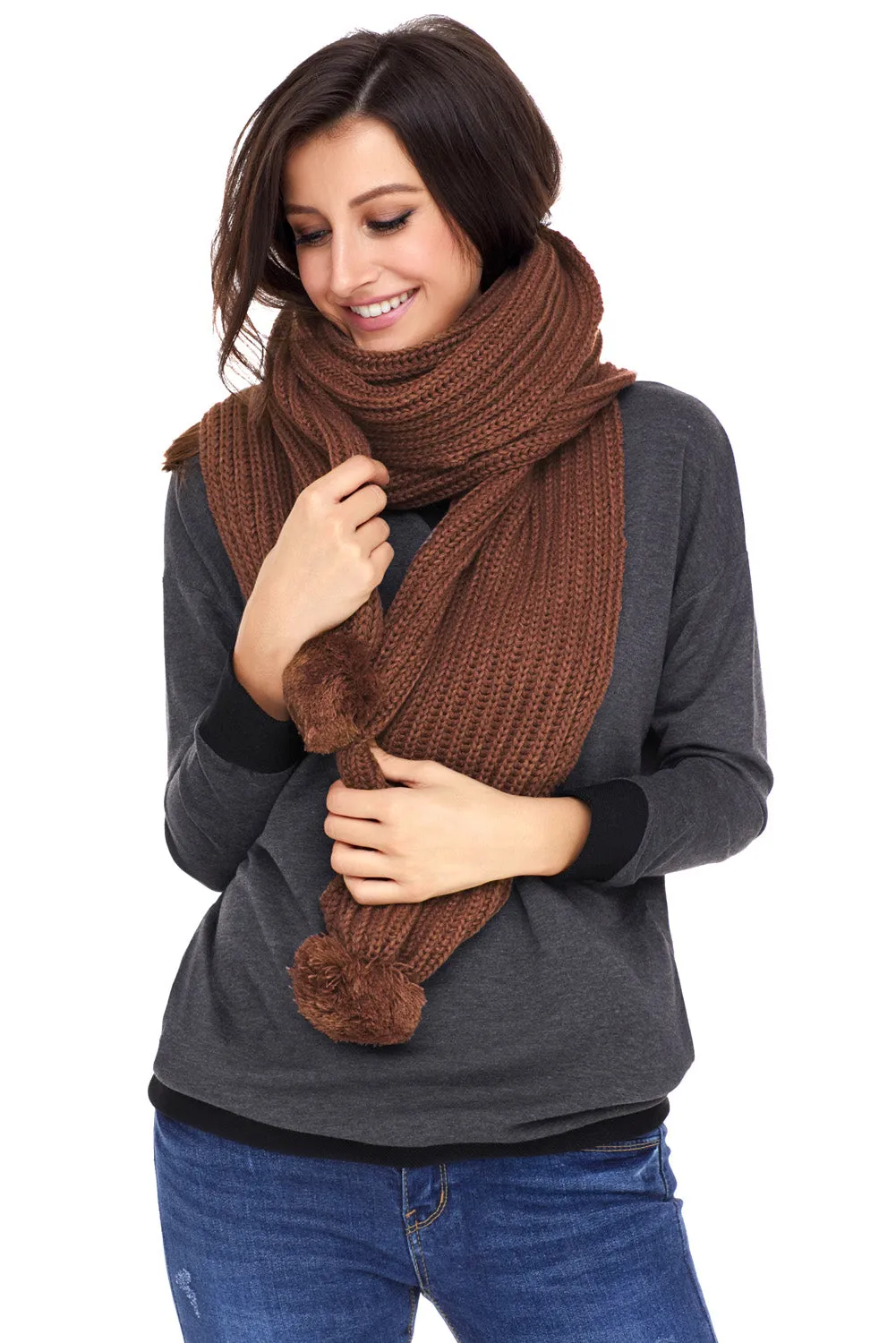 Sexy Brown Pom Pom Ribbed Knit Scarf