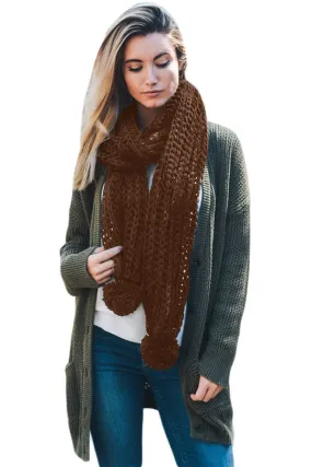 Sexy Brown Pom Pom Ribbed Knit Scarf