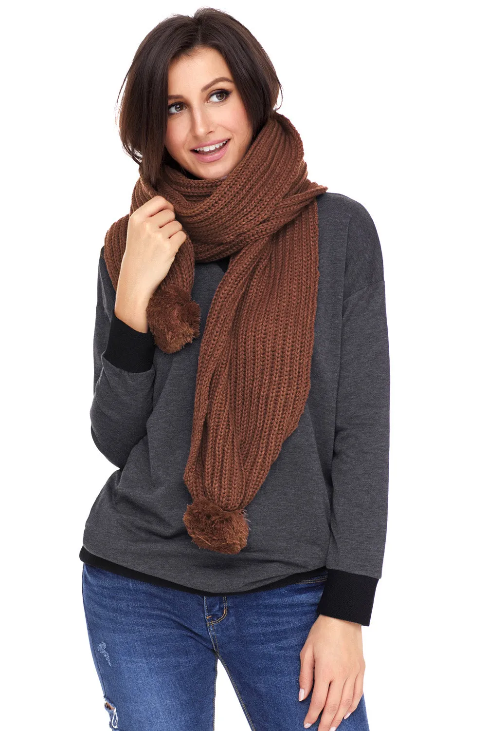 Sexy Brown Pom Pom Ribbed Knit Scarf