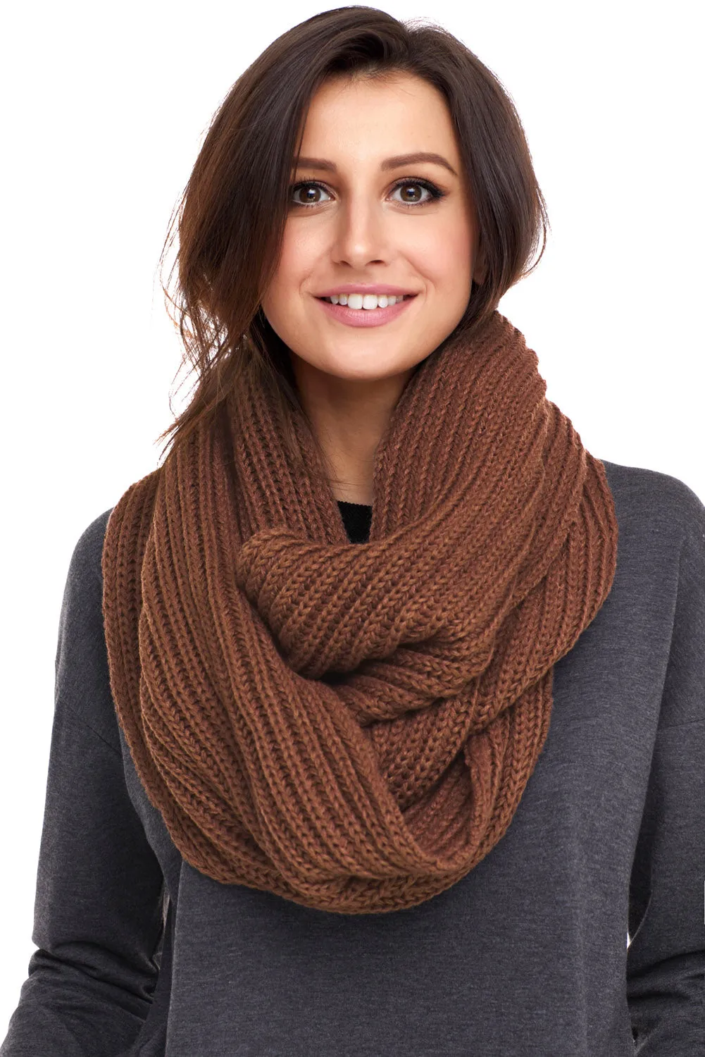 Sexy Brown Pom Pom Ribbed Knit Scarf