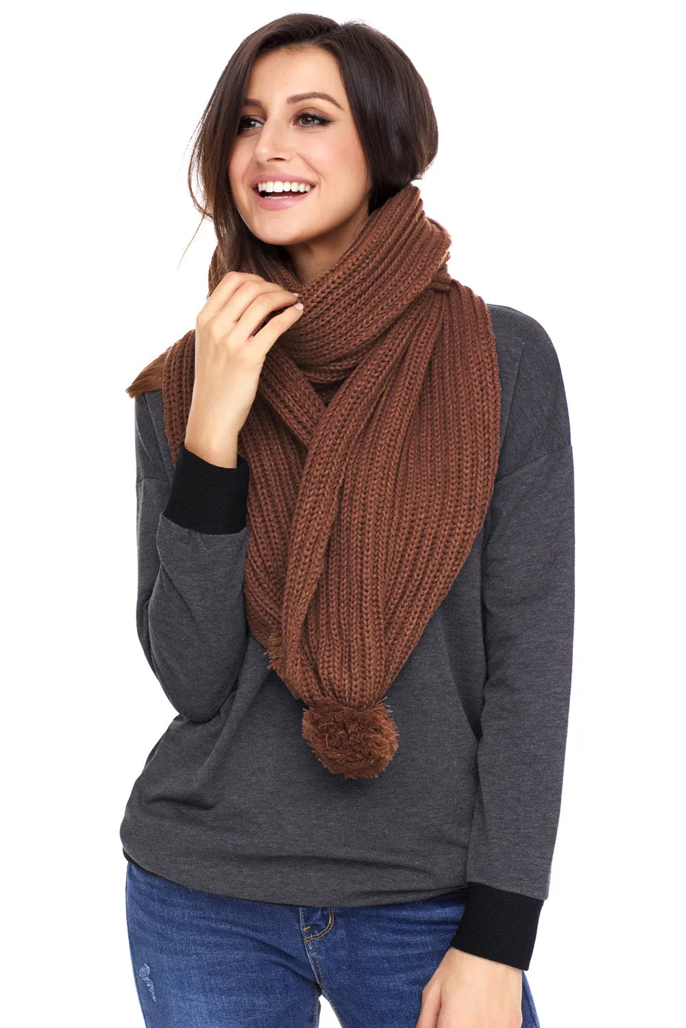 Sexy Brown Pom Pom Ribbed Knit Scarf