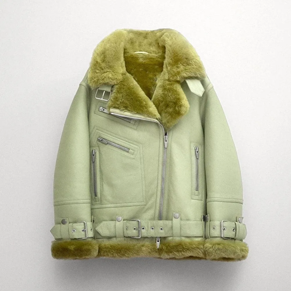 Women's Light Green Aviator Styled Sheepskin Shearling Leather Jacket