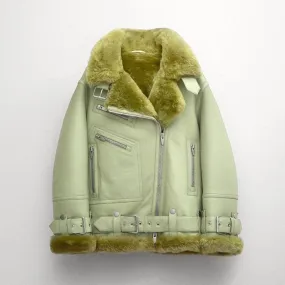 Women's Light Green Aviator Styled Sheepskin Shearling Leather Jacket