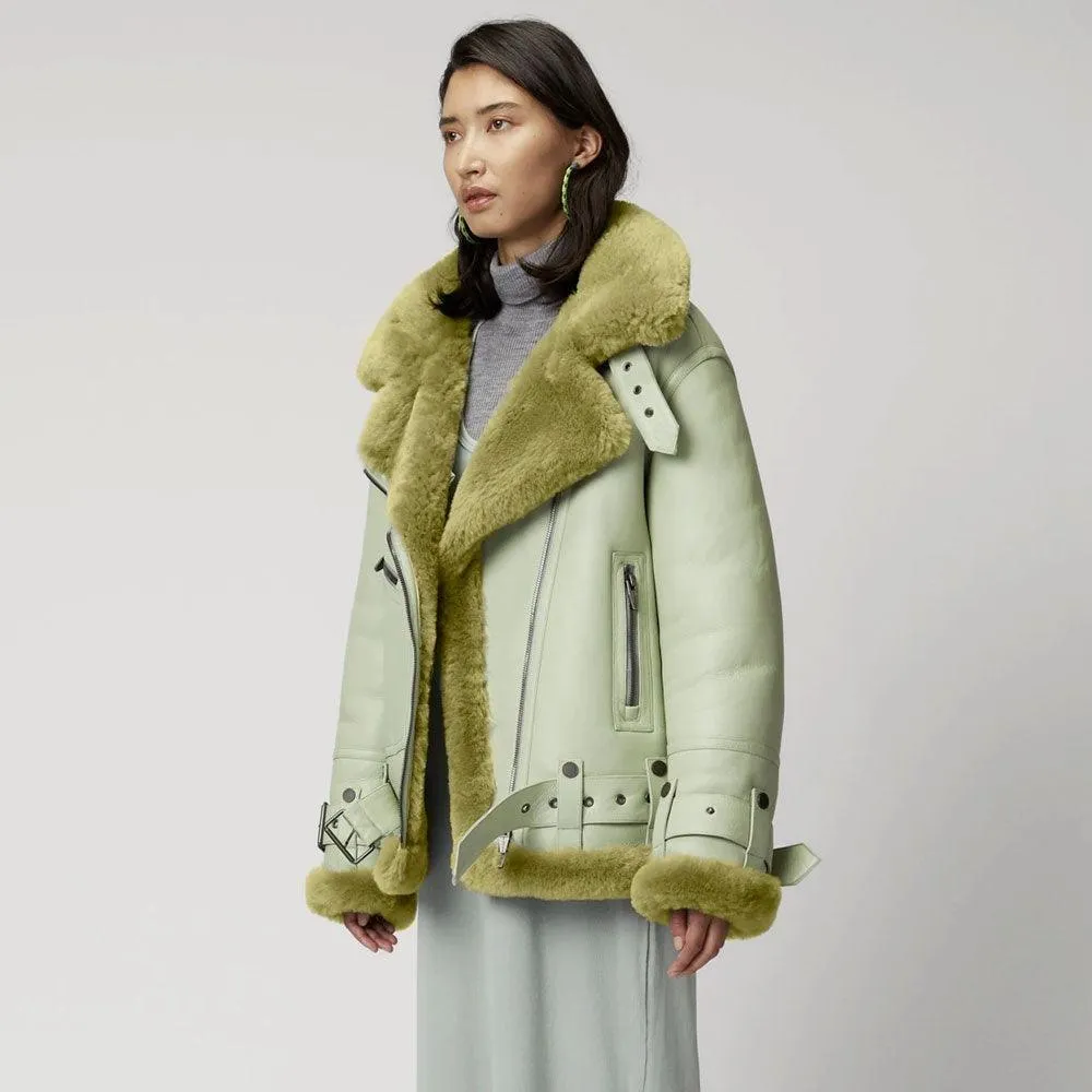 Women's Light Green Aviator Styled Sheepskin Shearling Leather Jacket