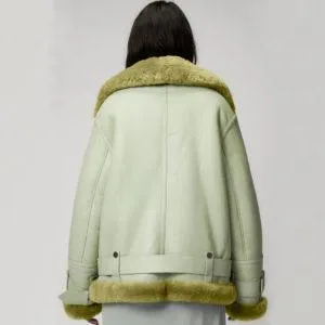 Women's Light Green Aviator Styled Sheepskin Shearling Leather Jacket